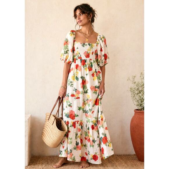 Sezane Dresses & Skirts - Sezane 4 Carlotta Linen Puff Sleeve Maxi Dress $450 Floral Poppy Square Neck 36